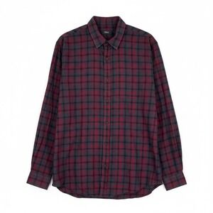 Theory Clean Placket Shirt Burgundy Charcoal Plaid Cotton Long Sleeve Woven M